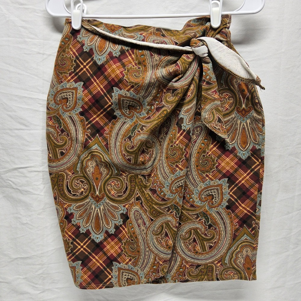 Perpetual Motion Faux Wrap Skirt Womens Large Brown Paisley Plaid Tie Front 90s - Picture 3 of 10